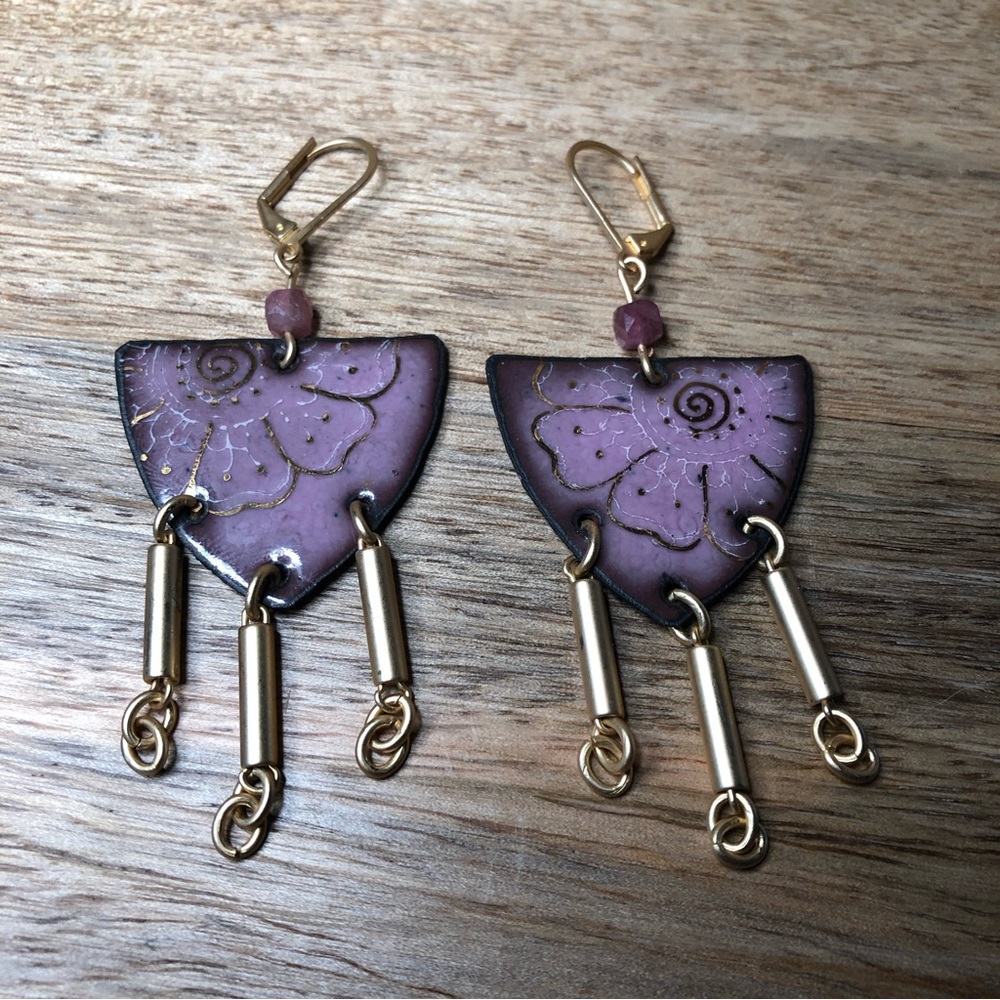 Handmade Enamel on Copper Earrings Tourmaline Beads, Matte Gold Chain Lever Back